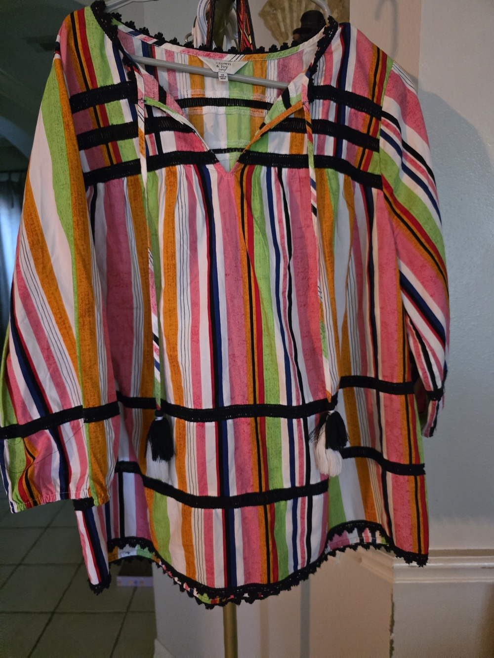crown & ivy Multicolor Striped Peasant Tunic with Black Trim